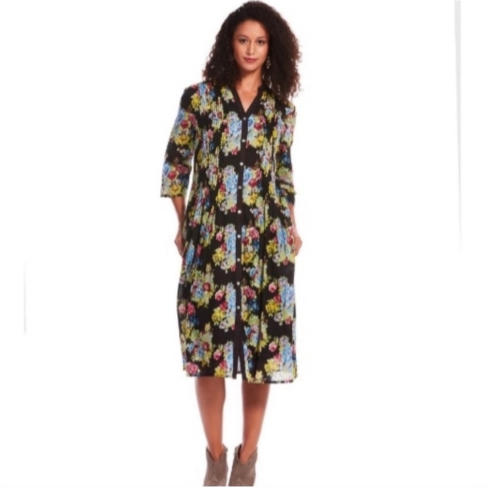 The J. Peterman Co. Floral Pleated Boho Shirt Dress Black Women’s Sz‎ Large